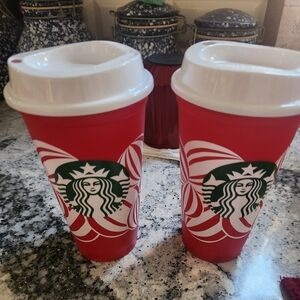 New Pair of 2 Starbucks Holiday 2024 Red  Christmas 16oz Hot Tumbler Cups Grande